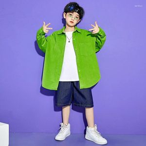 Stage Wear Kids Kpop Hip Hop Kleding Groen Oversized Shirt Tops Streetwear Baggy Denim Shorts Voor Meisje Jongen Jazzdans kostuum Kleding