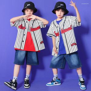 Stage Wear Enfants Kpop Hip Hop Vêtements Stripe Baseball Shirt Top Streetwear Denim Shorts Pour Fille Garçon Jazz Dance Costume Show Rave Vêtements