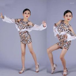 Stage Wear Kids Latin Chacha Samba Dance Costumes Girls Mesh Sleeves Leopard Dress Competition Dancewear XS5876