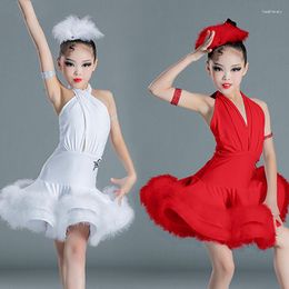 Stage Wear Kids Latin Dance Costume Girls Performance Kleding Red White Feather Dress Cha Ballroom Competition BL7088
