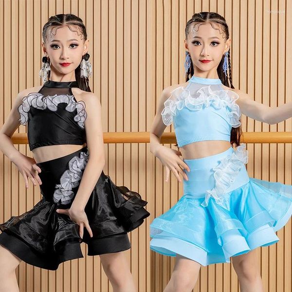 Stage Wear Kids Latin Dance Dissume Girls Performance Ropa azul Traje negro de vestir Cha Rumba Ballroom Competición DNV20128