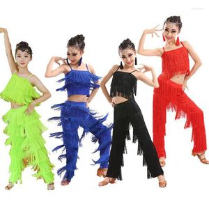 Stage Wear Kids Latin Dance Costumes Ballroom Plus Size Fringe Tassel Dress Pants Girls Sequin Salsa Samba Children Outfits Costume