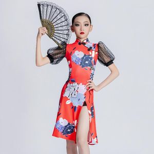 Stage Wear Kids Latin Dance Dress for Girls Lantern Sheeves Cheongsam Prom Dancing Cloths Girl Performance SL7055