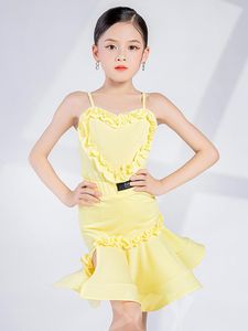 Stage Wear Kids Latin Dance Dress Girls Yellow Suit Sling Performance kostuum zomer Rumba Cha Ballroom oefenkleding DNV17643