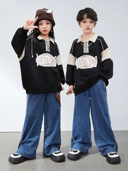 Ropa de escenario Niños Mangas largas Suéter Jeans sueltos Niños Ropa casual Hip Hop Traje de baile Chicas Moderno Kpop Trajes BL12211