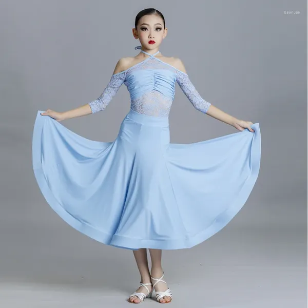 Stage Wear Enfants Off-épaule Ballroom Dance Competition Robe Dentelle Body Jupe Longue Filles Bleu Valse Performance Costume De Danse VDB6166