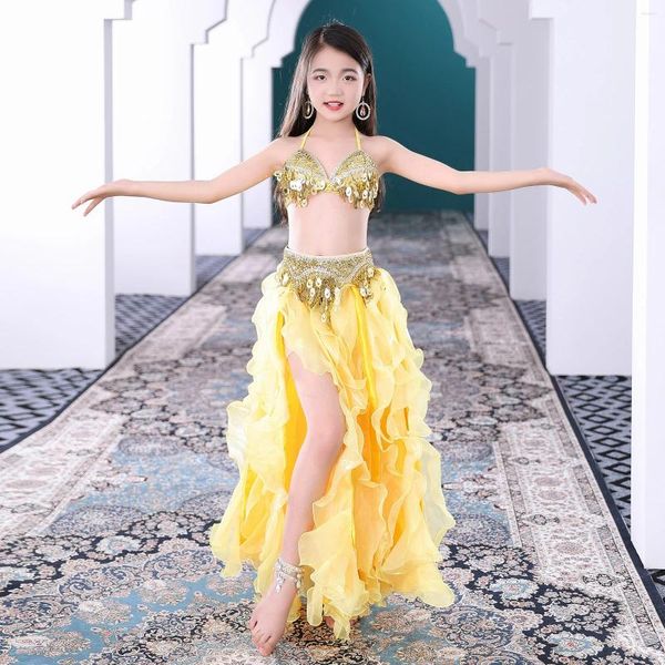 Vêtements de scène pour enfants, spectacle de danse orientale, vêtements de danse du ventre pour filles, soutien-gorge, ceinture, jupe, ensemble de costumes perlés