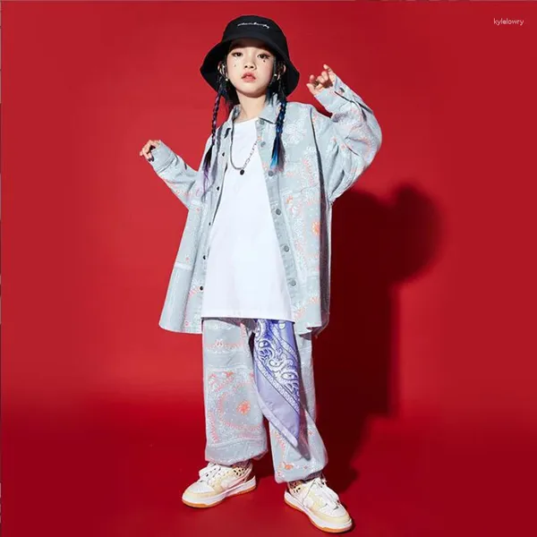 Escenario desgaste niños rendimiento hip hop ropa camisa de mezclilla tops de manga larga streetwear pantalones para niñas niños trajes de baile de jazz ropa rave