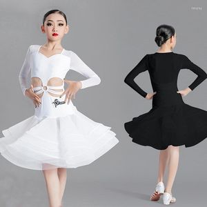 Stage Wear Kids oefenkleding voor meisjes Latin Dance Dress Black White Long Sheeves Hollow Tutu Skirts Costume SL6224