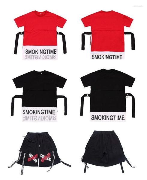 Vêtements de scène enfants rouge noir longs t-shirts hauts shorts costumes hip hop pour filles garçons costume de danse jazz spectacle moderne vêtements de danse de salon