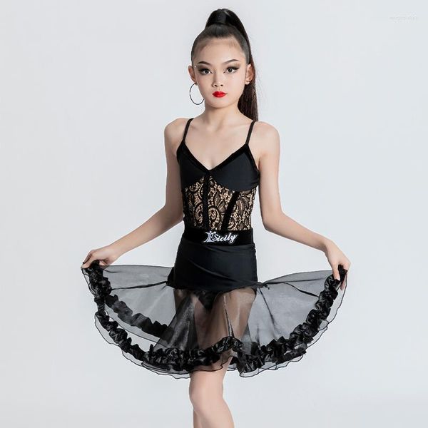 Vêtements de scène enfants Salsa Tango Chacha robes de danse pour filles robe de danse latine noire compétition Costume fête SL8389