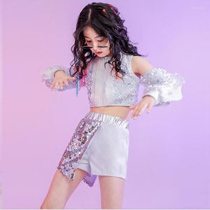 Vêtements de scène enfants Sequin Hip Hop vêtements Costume hors épaule haut court à manches longues chemise Shorts pour filles Jazz danse tenues vêtements