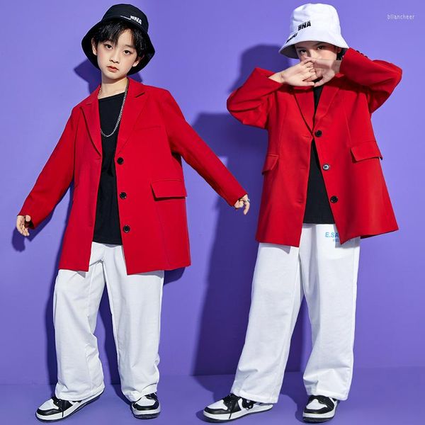 Stage Wear Enfants Montrant Kpop Hip Hop Vêtements Surdimensionné Rouge Blazer Chemise Costume Streetwear BAggy Pantalon Pour Fille Garçon Jazz Costume De Danse Vêtements