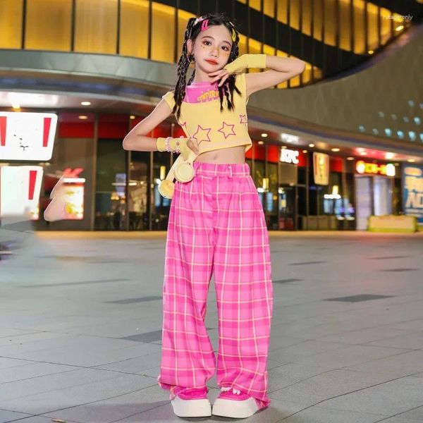 Escenario ropa para niños ropa de baile callejera tops de moda pantalones a cuadros rosados adolescentes chicas hip hop ropa para caminatas espectáculos