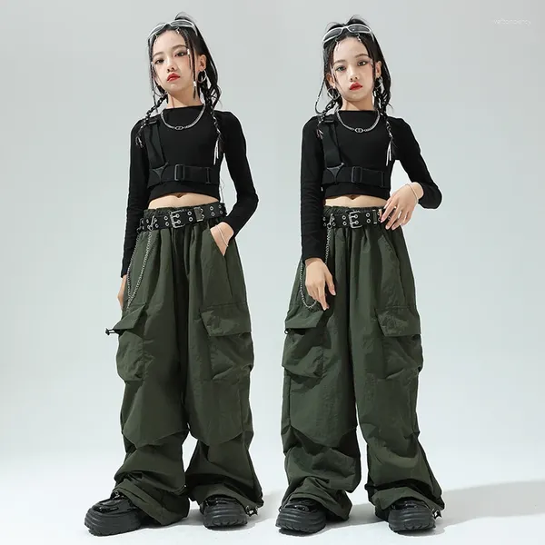Etapa desgaste niños calle baile ropa niñas hip hop traje mangas largas tops bolsillos pantalones moderno jazz rendimiento kpop bl11624