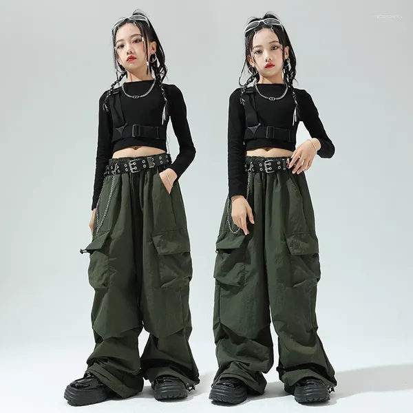 Stage Wear Enfants Street Dance Vêtements Filles Hip Hop Costume Manches Longues Tops Poches Pantalon Moderne Jazz Performance Kpop BL11624