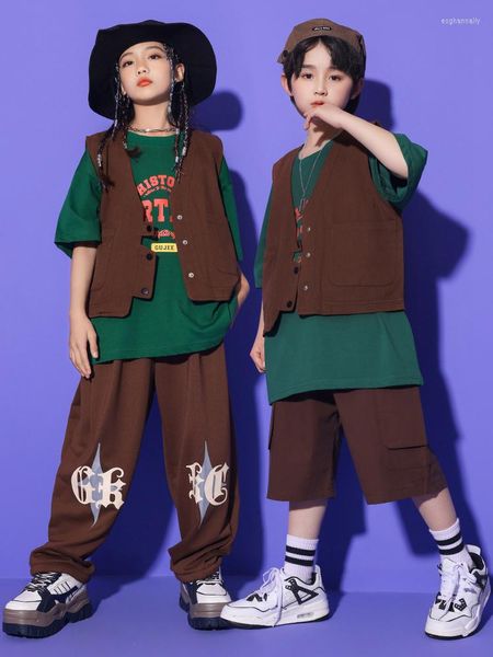 Ropa de escenario para niños, traje de baile callejero, chaleco holgado de Hip Hop, pantalones marrones para niños, ropa de actuación de Jazz de manga corta para niñas, Kpop BL10406