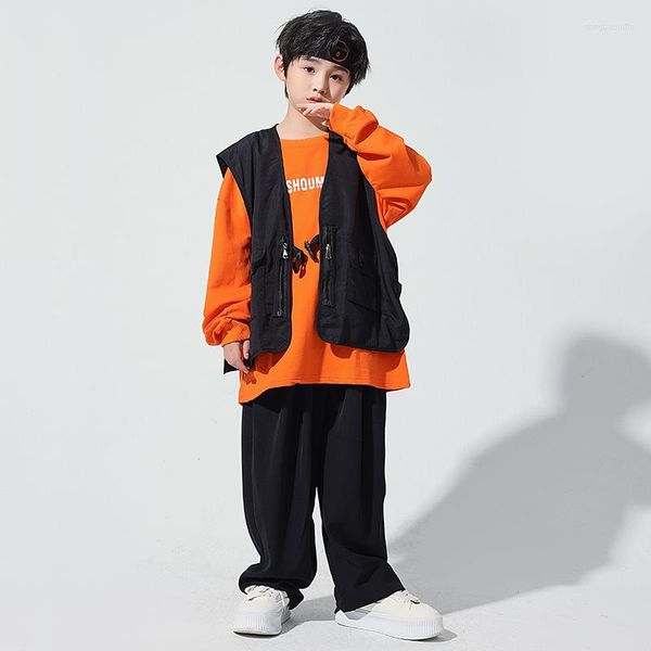 Scène Porter Enfants Rue Hip Hop Vêtements Noir Gilet Orange À Manches Longues T-shirt Baggy Pantalon Garçon Jazz Danse Costume Adolescent Concert Vêtements