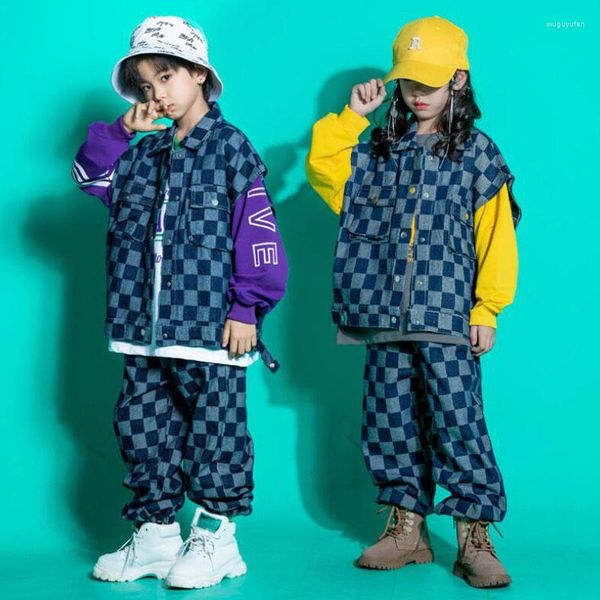 Ropa de escenario para niños, trajes de Kpop para adolescentes, ropa de Hip Hop, chaleco de mezclilla a cuadros, pantalones para correr para niñas, niños, traje de baile de Jazz, ropa de calle