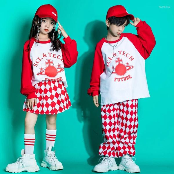 Stage Wear Enfants Teenage Show Hip Hop Vêtements Chemise rouge Tops Pantalons de jogging à carreaux pour fille garçon Jazz Costumes de danse Vêtements de rue