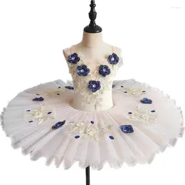 Stage Wear Kids White Pancake Platter Tutu Ballerina Party Vestido con Blue 3d Flower Girls Adultos Profesionales Ballet Danza Danza Distancia de leotardo