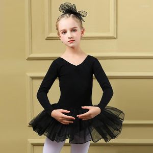 Stage Wear Kids Winter Professional Performance Ballet Swan Lake Black Mesh Tule Rok Tutu Kinderen Lange Mouw Tuidard Twee -delige pak