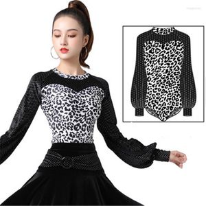 Vêtements de scène coréen velours femmes à manches longues danse latine pratique vêtements adulte moderne combinaison hauts chemise léopard