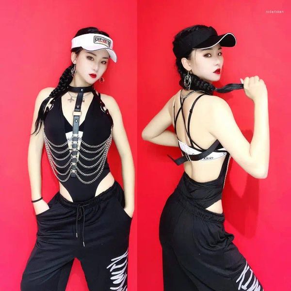 Stage Wear Kpop Group Dance Outfit Sexy Pole Vêtements Filles Hip Hop Jazz Costume Noir Body Chaîne Vêtements Modernes XS4513