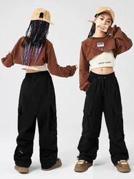 Stage Wear Kpop hiphop kleding voor meisjes hertsen lange mouwen crop tops zwarte hiphop broek moderne dansvoorstelling kostuum rave l9343