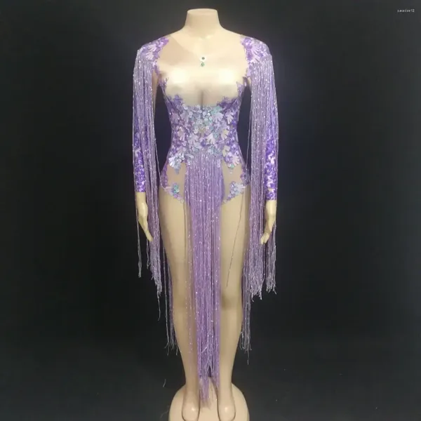 Stage Wear L Femmes Discothèque Costume De Danse Performance Collants Chanteur Justaucorps Strass Scintillant Paillettes Franges Violet Body Shaw