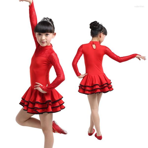 Vêtements de scène dentelle manches longues robe de bal latine filles Costumes Latina Salsa danse Disfraz Infantil enfants noir/rouge Tango