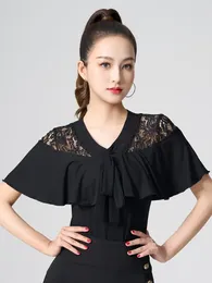 Stage Wear Lace Patchwork Latin Dance Costume Waltz Tops Adult Modern Tango Woman Solid Color Short Sleeve Prom Belly Evening Clothes