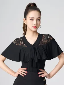 Stage slijtage Lace Patchwork Latin Dance Kostuum Waltz Tops volwassen moderne Tango Woman Solid Color Short Sleeve Prom Belly Evening Kleding