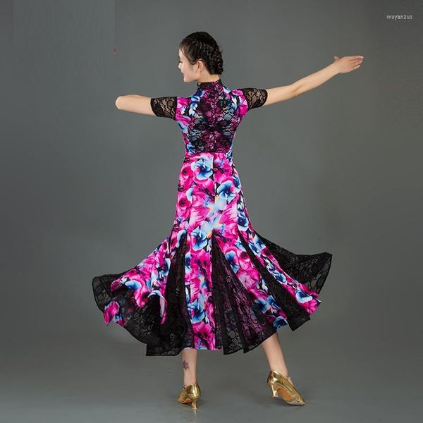 Robe de danse de salon en dentelle à manches courtes pour la danse Costumes de tango imprimé Flamenco espagnol