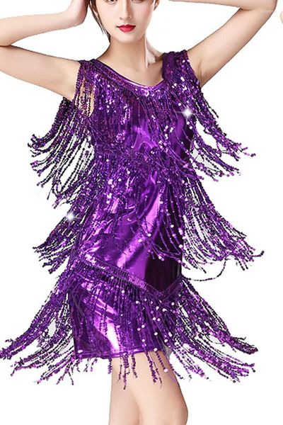 Vêtements de scène dames 360 ° gland robe de danse latine col en V sans manches paillettes scintillantes frange salle de bal Samba Tango Costume