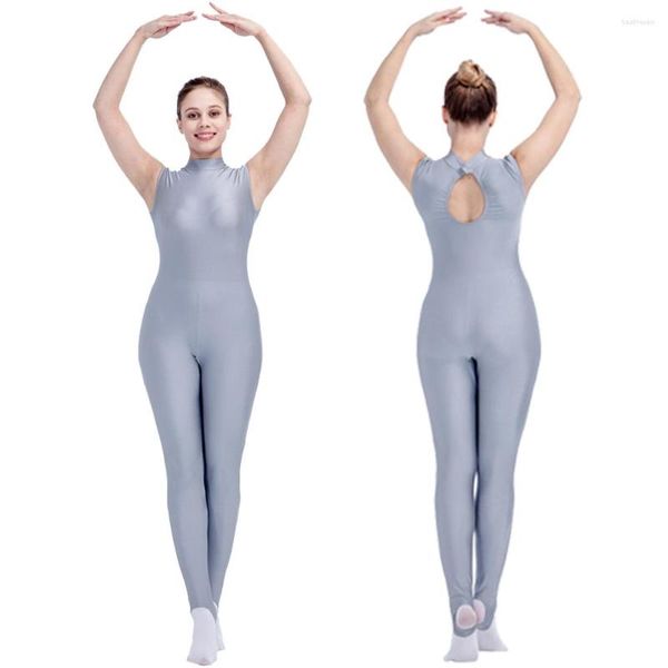 Vêtements de scène dames filles brillant Lycra sans manches col roulé trou arrière Unitard Long body Catsuit tenue d'entraînement