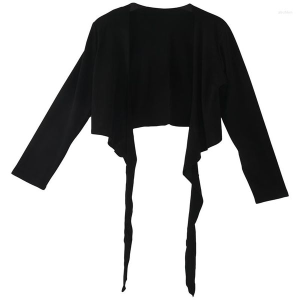 Ropa de escenario PARA MUJER MANGA LARGA CON AMARRE ENCAJE DE ENCAJE MUJER WRAP BOLERO CARDIGAN TOP - Negro