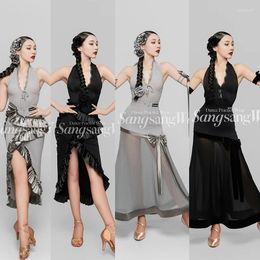 STAGE PEUR LATIN Ballroom Dance Vêtements Femmes Lace Halter Tops Sexy Slit Jupe Adult Competition Grey Black Robe DNV20639