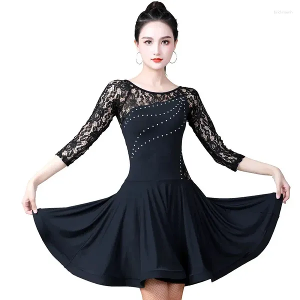 Stage Wear Costume Latin Femme Robe de danse Adulte Femmes Sexy Noir Dentelle Professionnel Art Test Formation