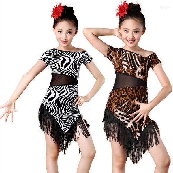 Stage Wear Danse Latine Enfants Léopard Costumes Jupes Filles Imprimer Kid Cha Noir Robes De Soirée À Franges Avec Salsa Fringe Robe À Paillettes