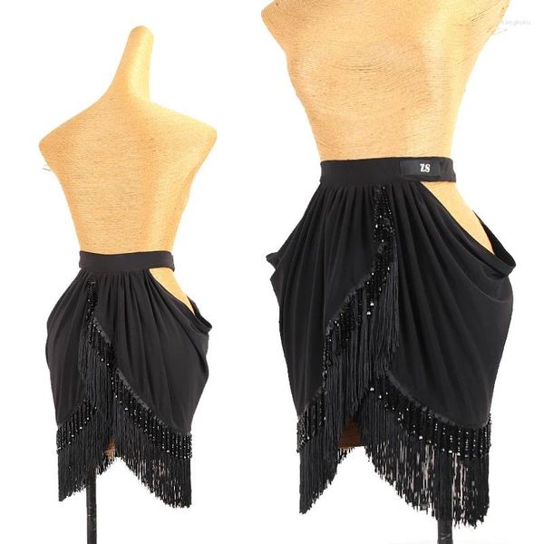 Ropa de escenario Ropa de baile latino Mujer Adulto Sexy Hollow Out Black Fringe Falda Cha Rumba Samba Performance Salsa DNV19431