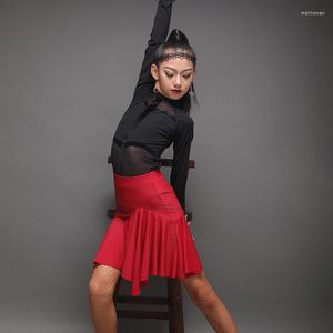 Vêtements de scène vêtements de danse latine pour filles automne salle de bal pratique maille Costume robinet Tango tenues jupe rouge DL6988