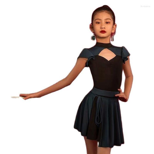 Vêtements de scène pour filles, vêtements de compétition de danse latine, hauts en gaze bleue, jupes, costume Rumba Tango, robe pour enfants