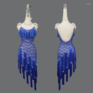 Vêtements de scène compétition de danse latine robe Costume femmes dentelle gland jupe bleu bretelles strass ceinture 2 pièces