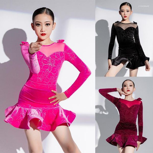 Stage Wear Latin Dance Competition Robes Filles ChaCha Performance Dancewear Velours Body Jupe Outfit Samba Practice VDB6107