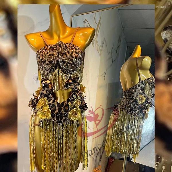 Escenario desgaste competencia de baile latino de gama alta de las mujeres personalizado diamante leopardo oro flor rumba tango vals vestido de rendimiento para niños