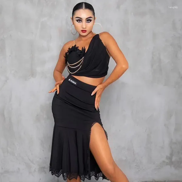 Etapa desgaste traje de baile latino mujeres negro irregular flor tops encaje falda dividida adulto práctica ropa rumba samba vestido DNV18688