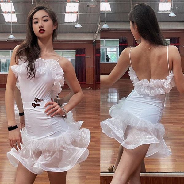 Etapa desgaste traje de baile latino mujeres burbuja volantes tops falda adulto rendimiento traje rumba vestido club fiesta vestidos negros DNV18485