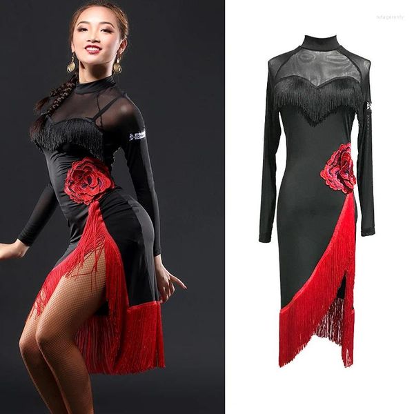 Etapa desgaste vestido de baile latino negro manga larga franja roja mujeres competencia rendimiento salsa tango cha ropa A3130