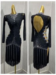 Stage Wear Latin Dance Dress Black Salsa Fringe -kostuum voor Comptition Dancewear Ladies -jurken